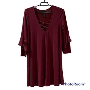 Womens Chic Burgundy Deep V-neck Criss Cross LS Swing Shift Dress Size Large